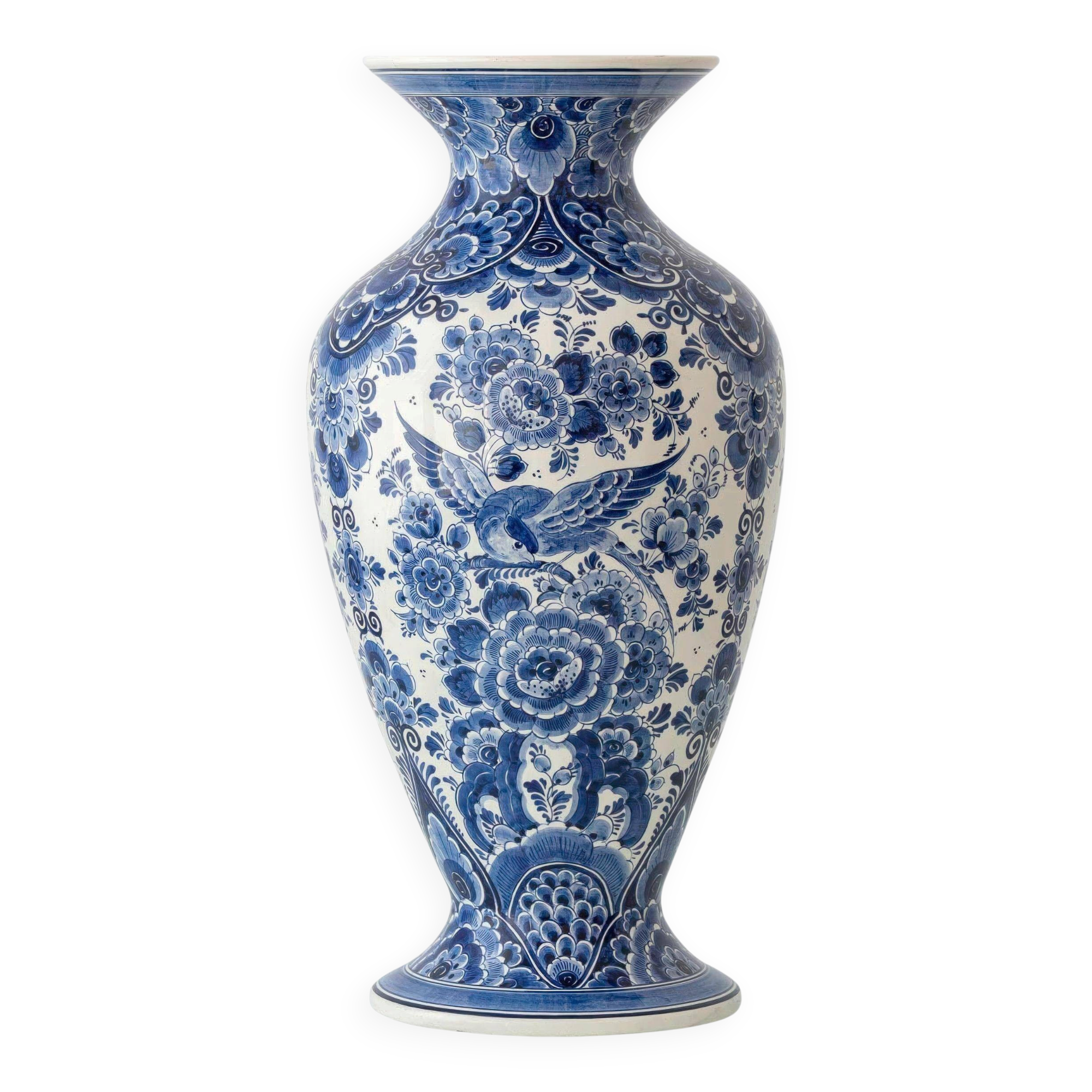 Monumental blue and white baluster vase from Delft, hand-painted, 1950s, Dutch.