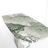 Vintage dining table in green and white veined marble. Completely restored. Italy, 90's