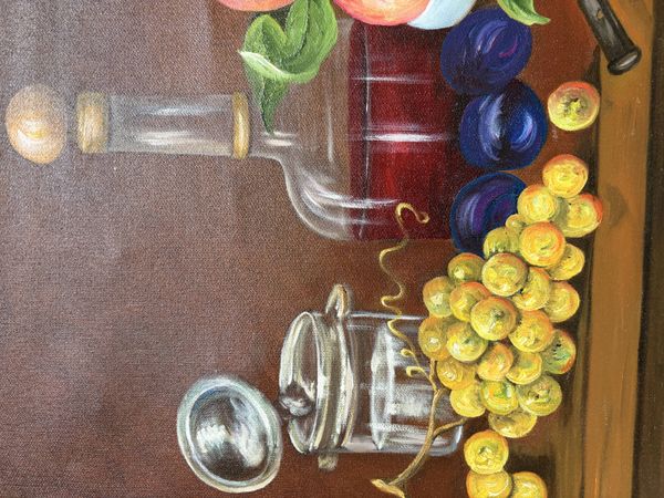 Tableau Nature Morte Pêches & Raisins Huile sur Toile Signé M.TH. Barbié