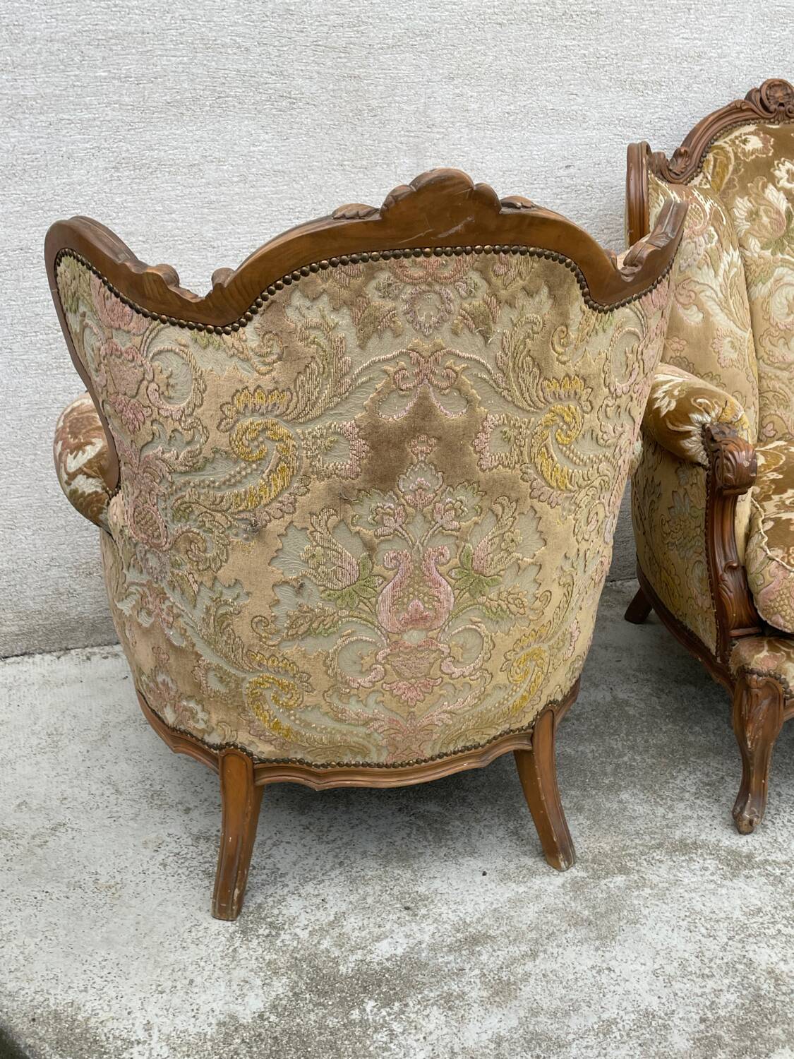 2 Louis XV style armchairs in brocade and velvety fabric