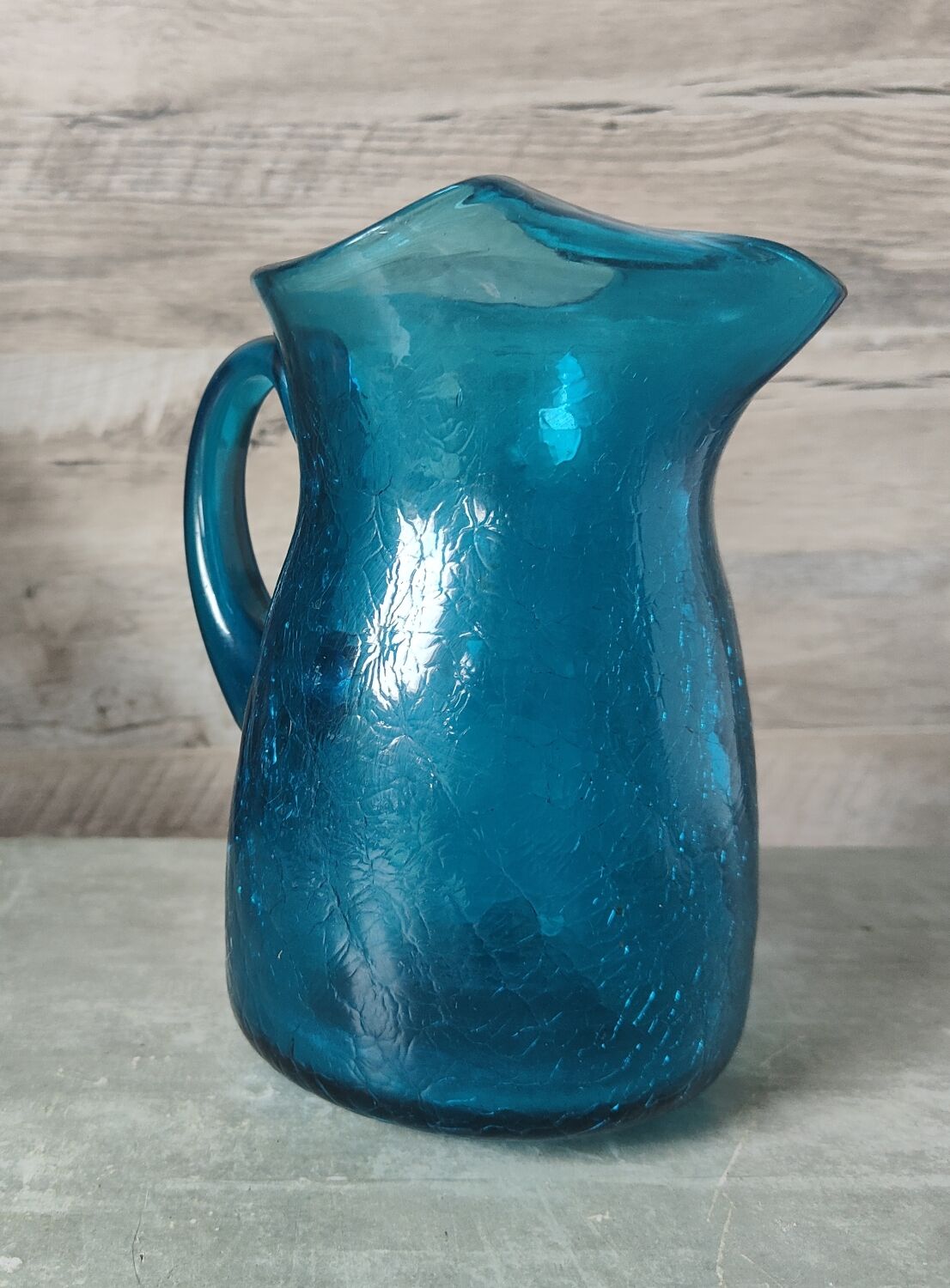 Blue cracked glass pitcher