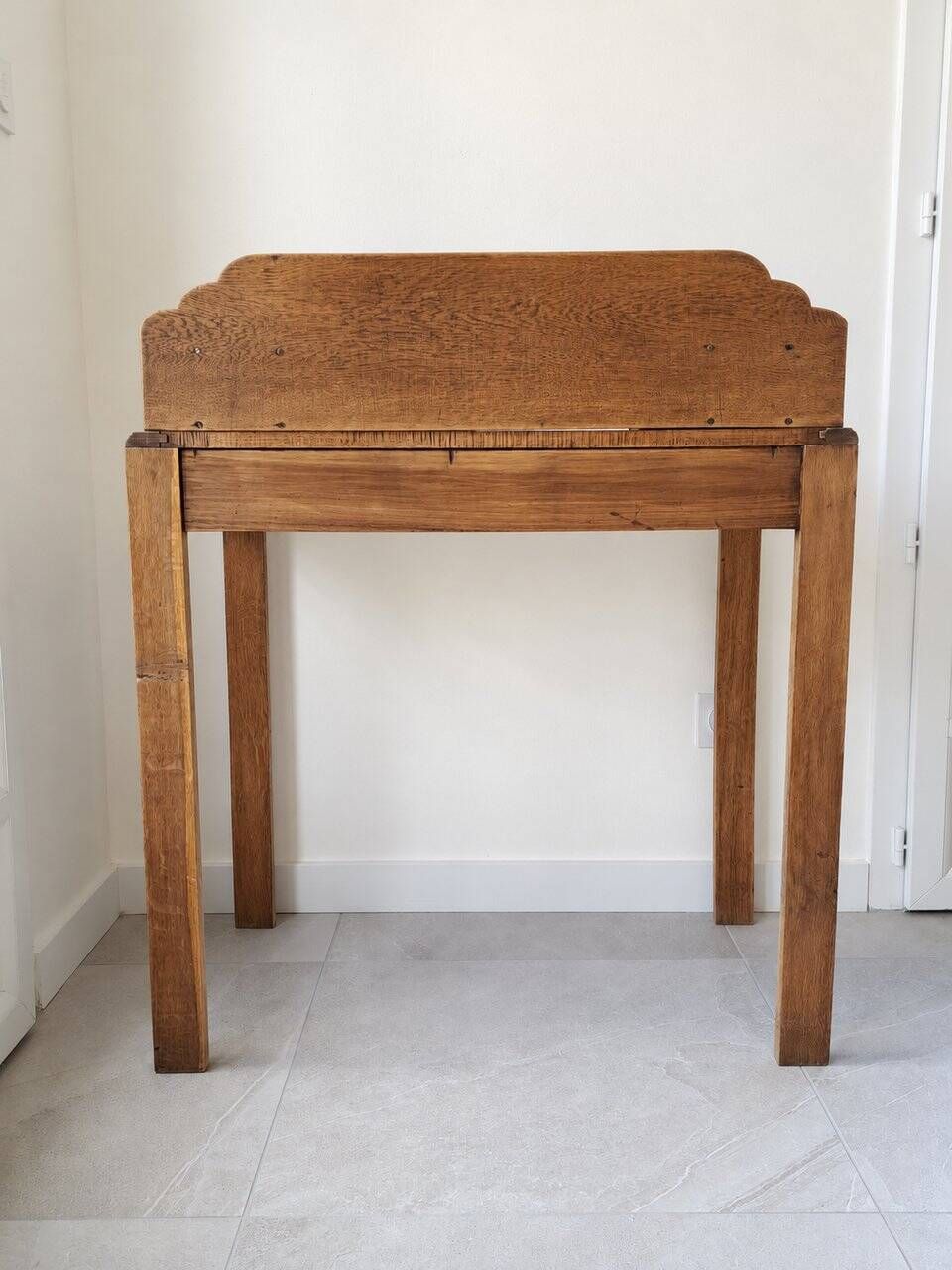Art Deco oak desk, stripped finish, console size, 3 drawers.