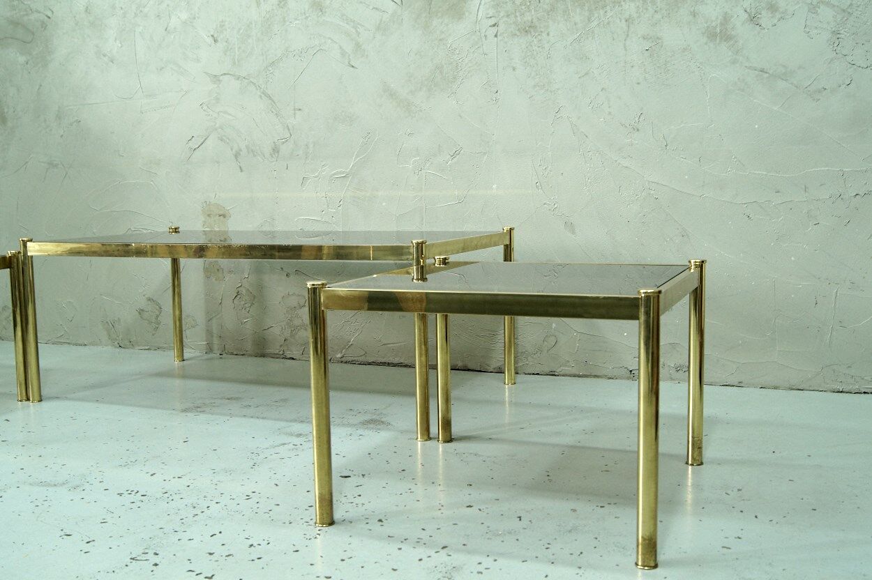 Set of 3 Italian minimalist brass coffee tables, 1970s