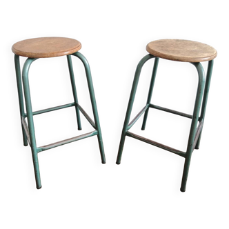 Set of 2 vintage workshop stools from the 60s and 70s in wood and metal