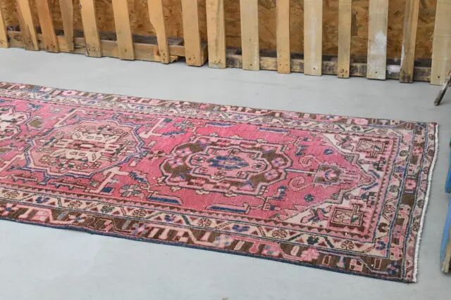 1970s Vintage Turkish Hand-Knotted Wool Cotton Pink Runner Rug 95x320