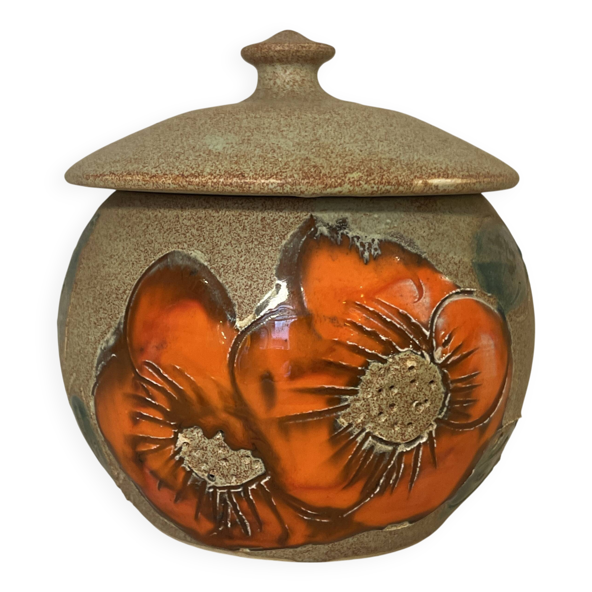 Beige ceramic candy box with orange flowers, vintage 1970s sugar bowl