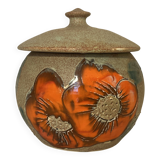Beige ceramic candy box with orange flowers, vintage 1970s sugar bowl