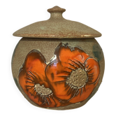 Beige ceramic candy box with orange flowers, vintage 1970s sugar bowl