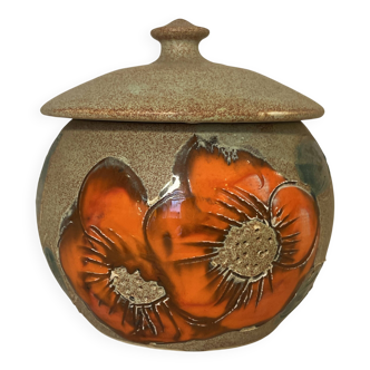 Beige ceramic candy box with orange flowers, vintage 1970s sugar bowl