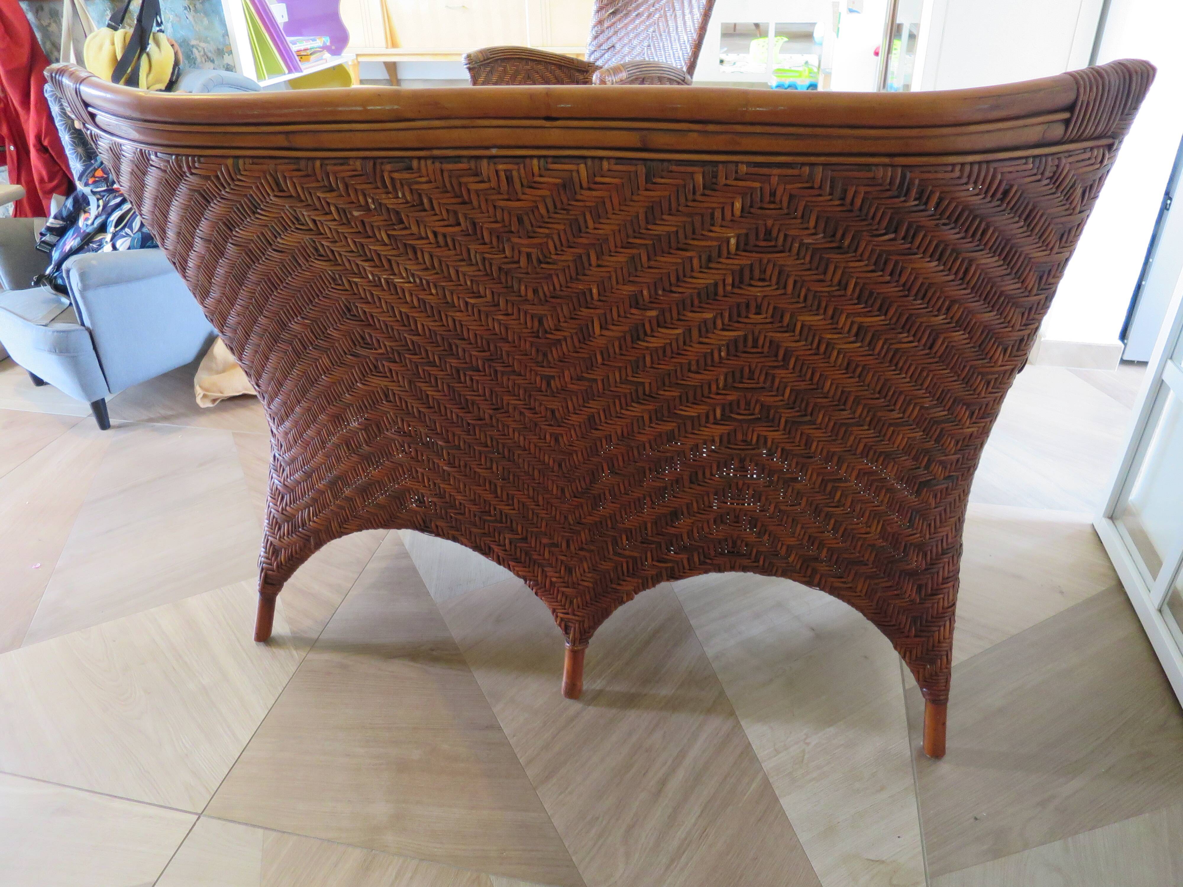 Two-seater banquette in woven rattan, wood and bamboo, 1980s.