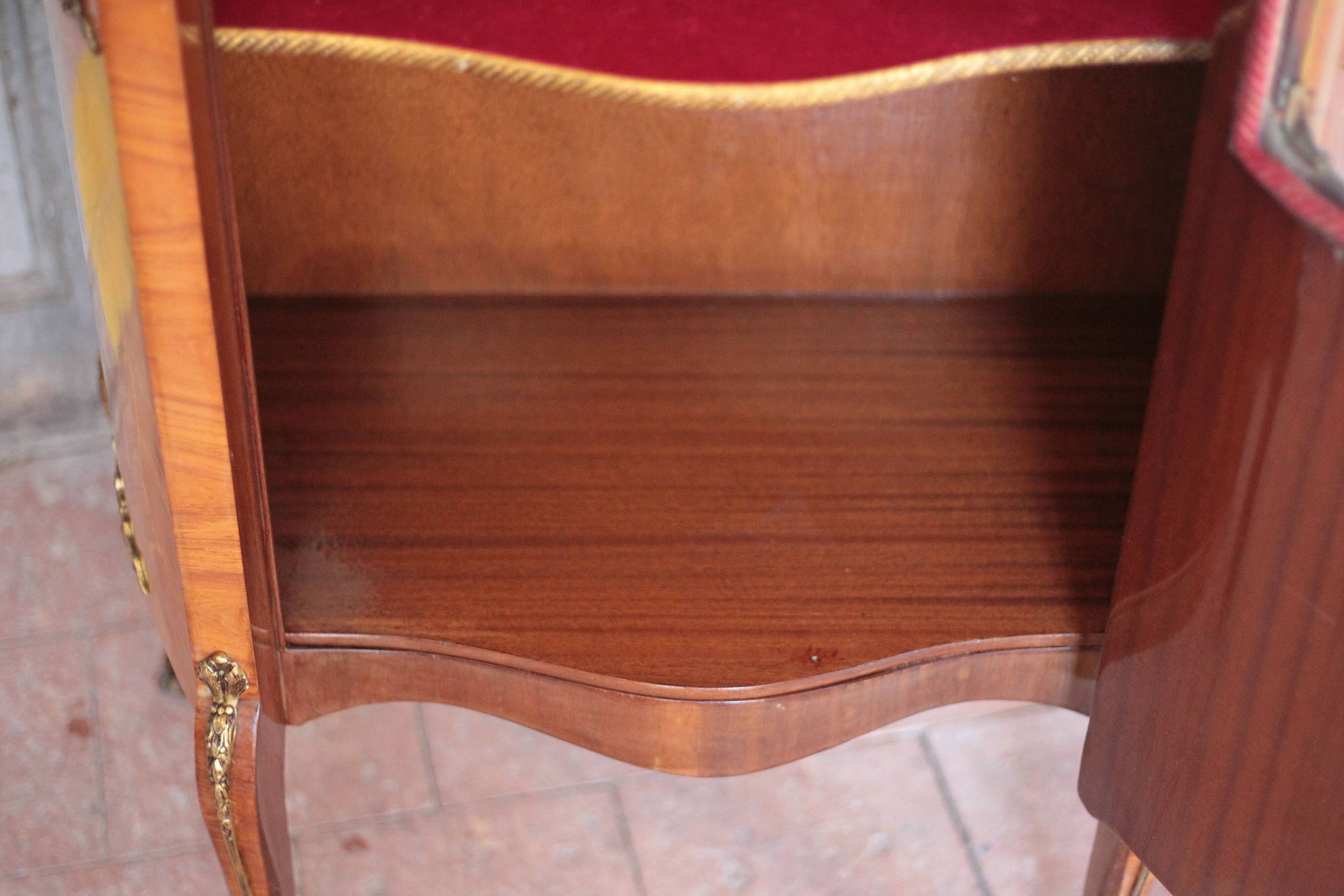 Marquetry display cabinet, curved Louis XV style, signed Marquant
