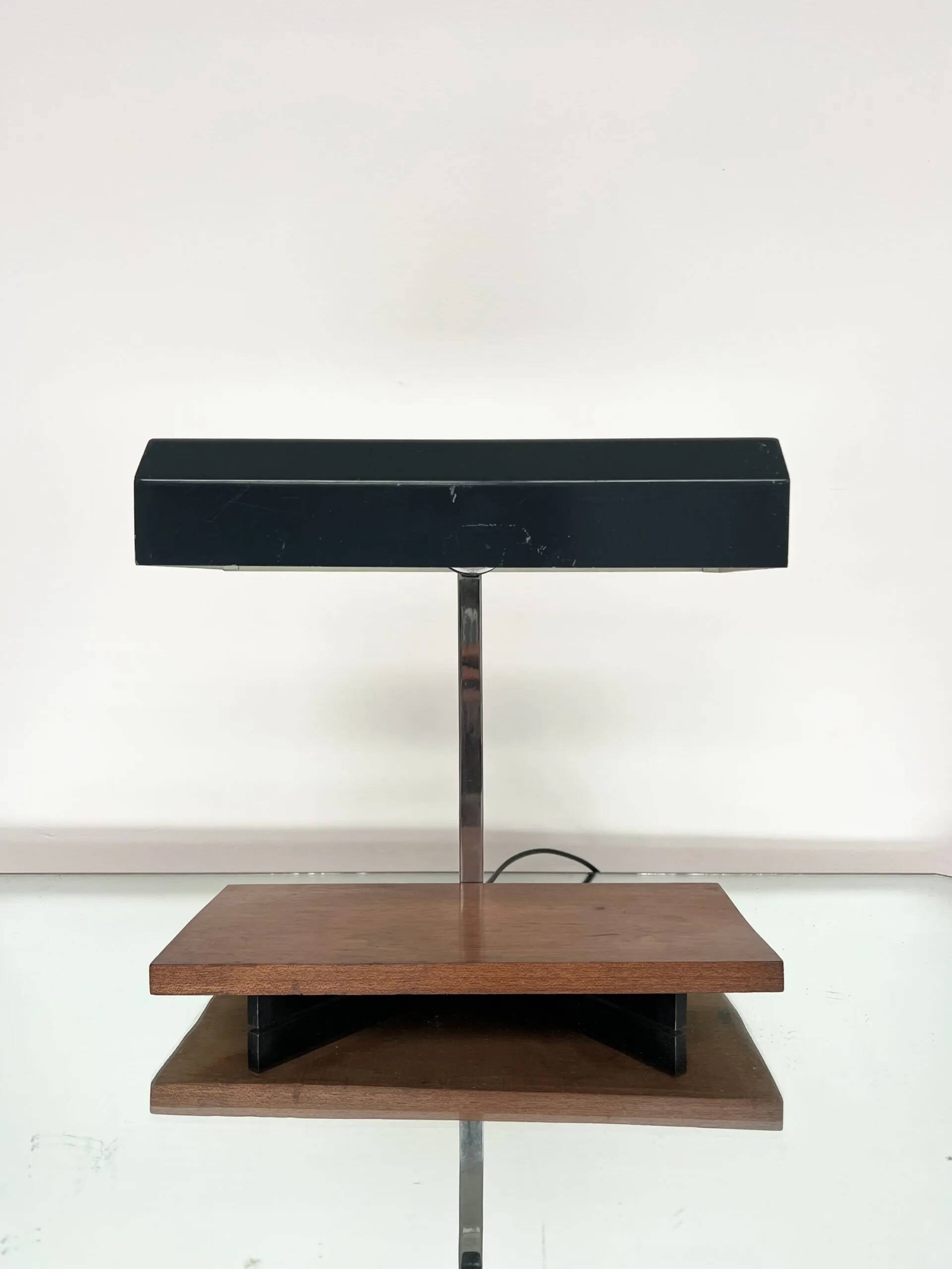 1950s desk lamp with teak base and grey lacquered metal