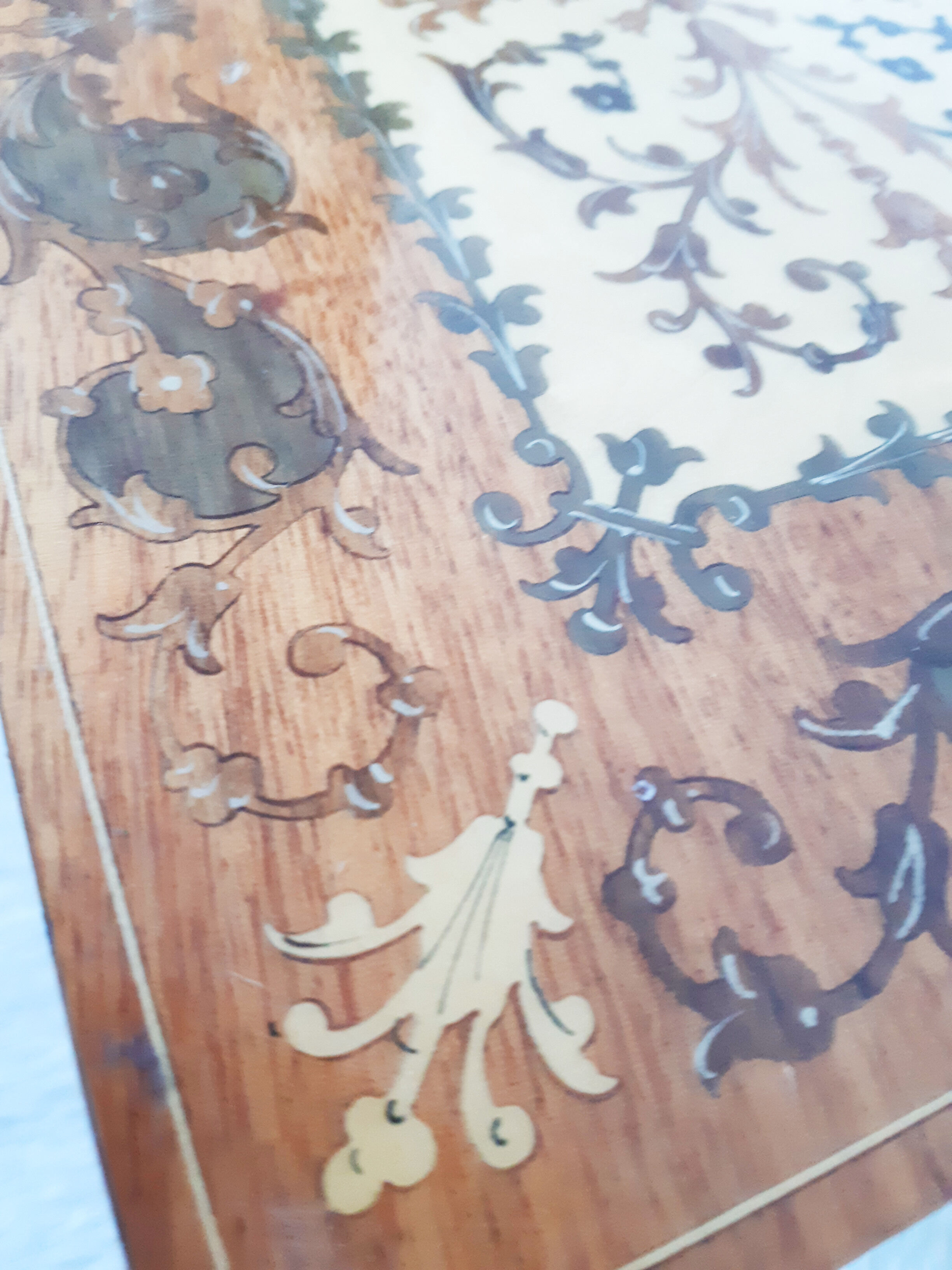 Stella chime, music box table, jewelry box, wood marquetry, side table, bedside table