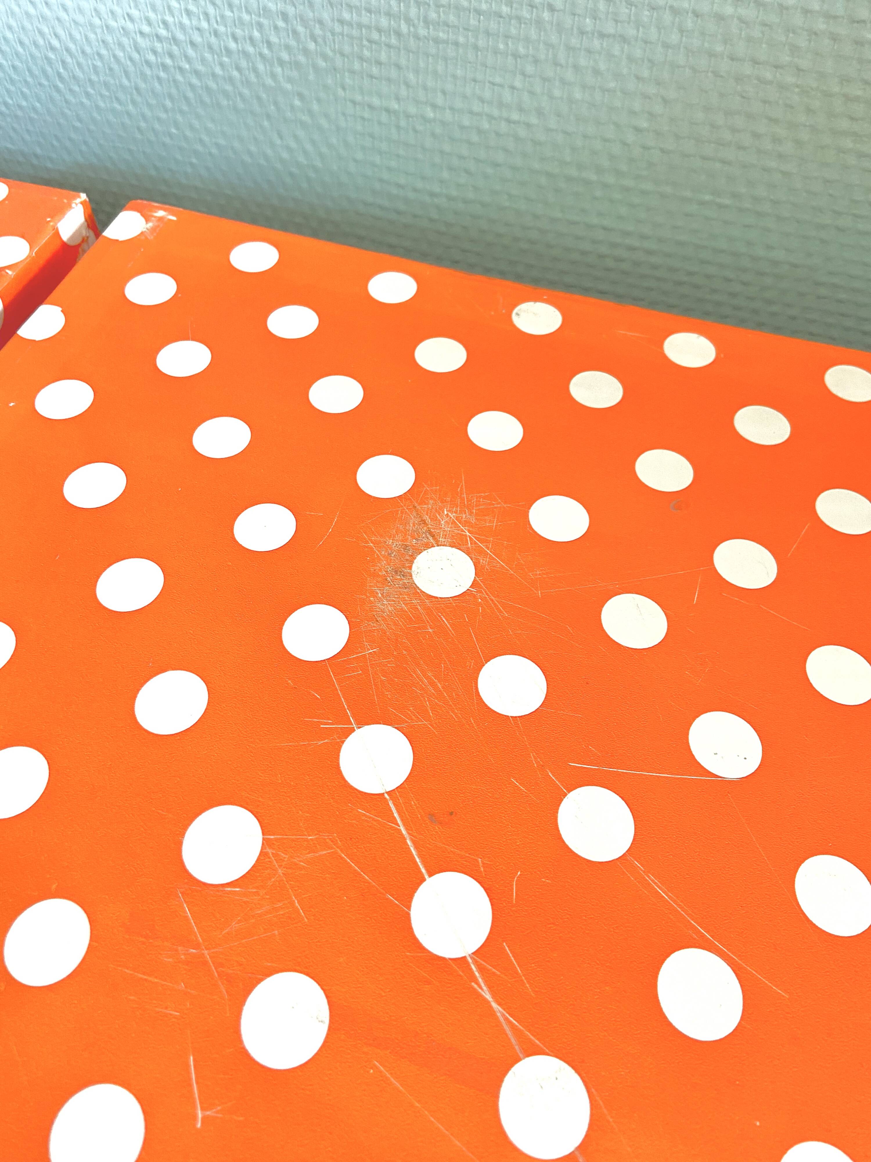 Vinyl storage cube - orange with white polka dots