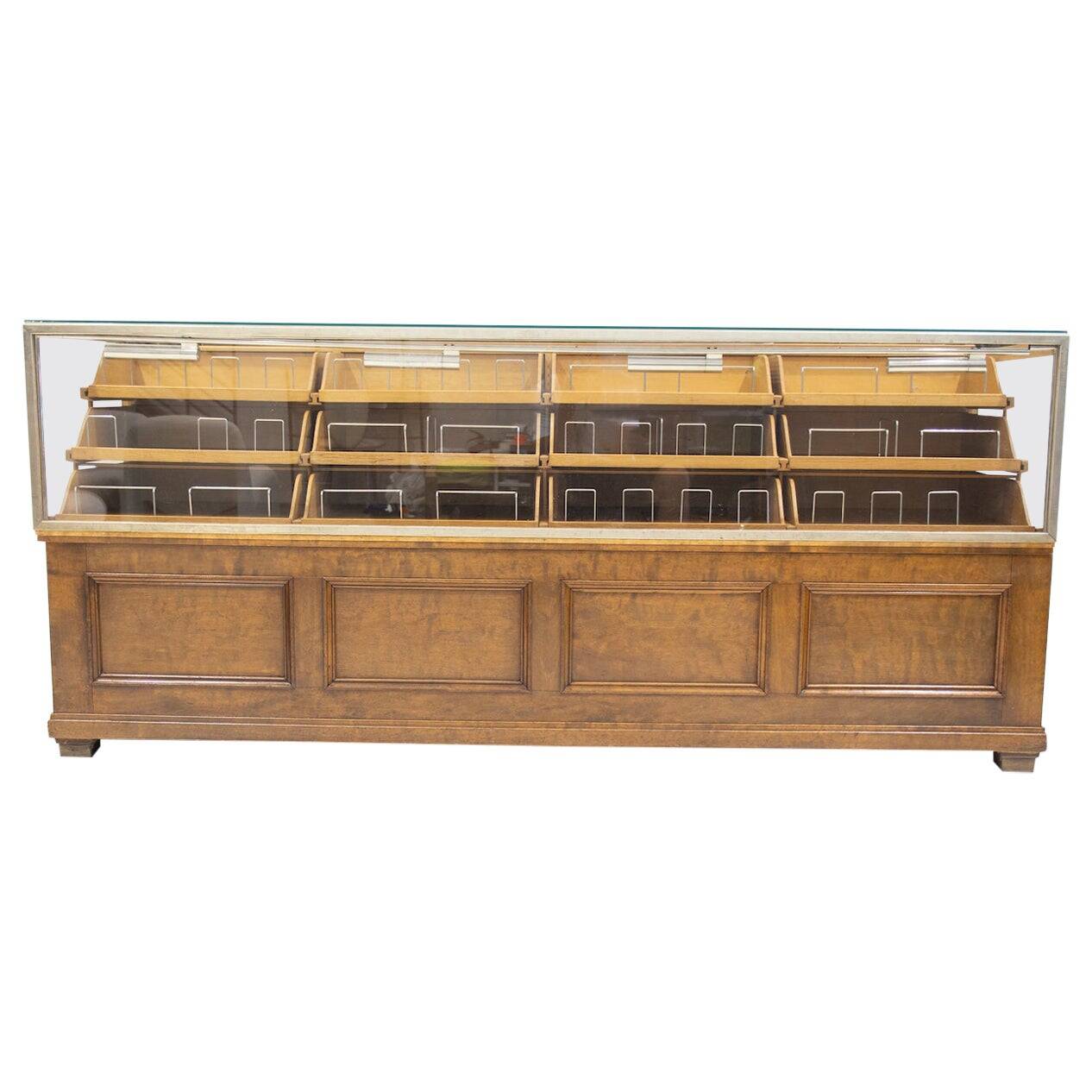 Shop counter made of birch and oak with twenty drawers, 1940s.