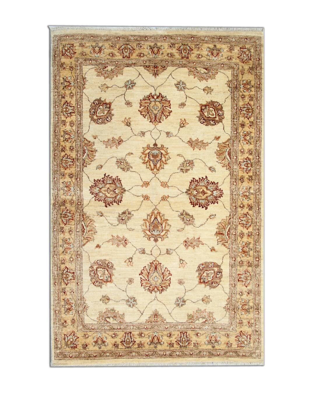 Handmade Cream Wool Rug, Traditional Floral Carpet for Bedroom Living Room