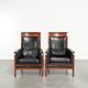 Set of 2 Art Deco design armchairs in black cowhide leather