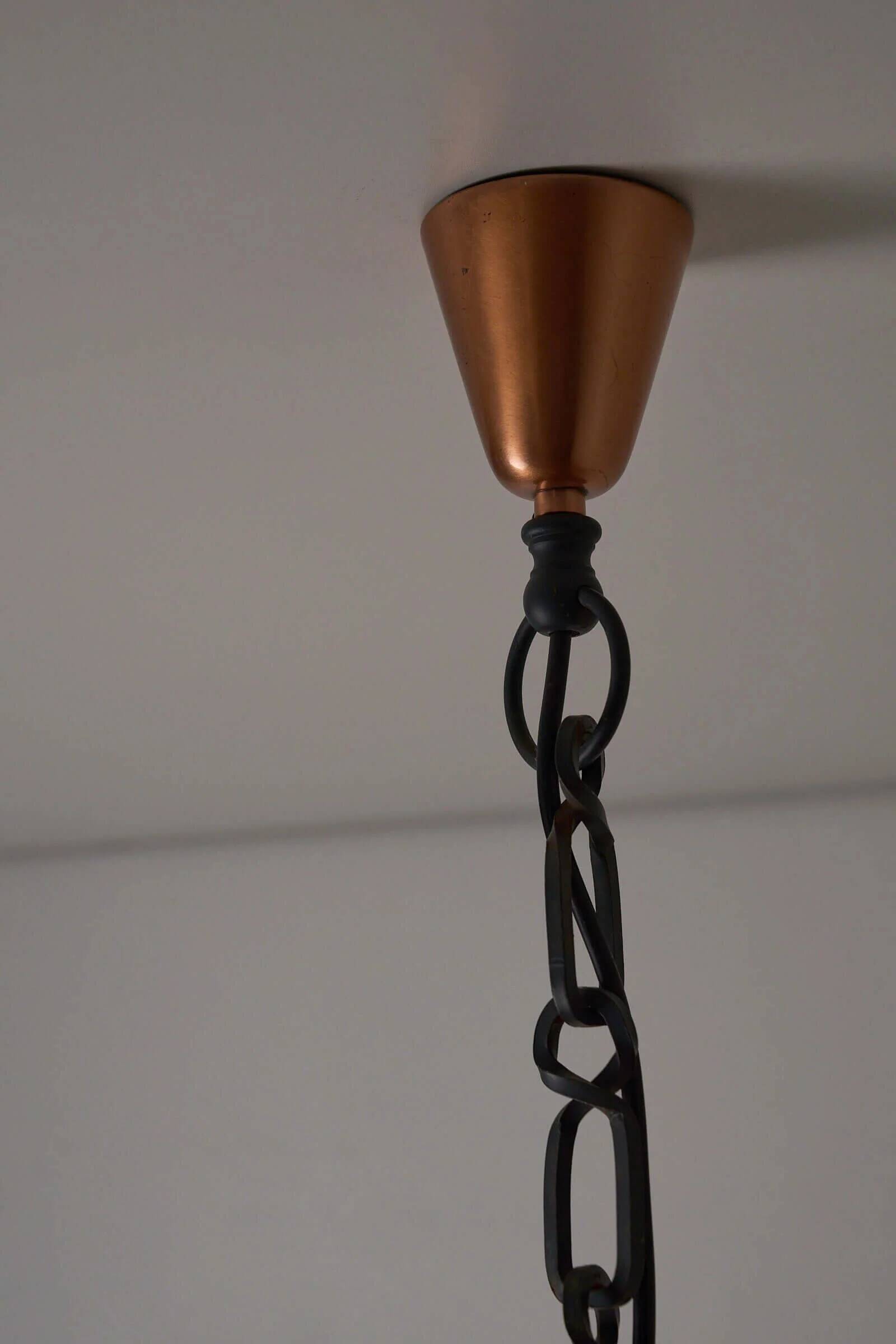 Wrought iron and copper pendant lamp with textured glass diffuser