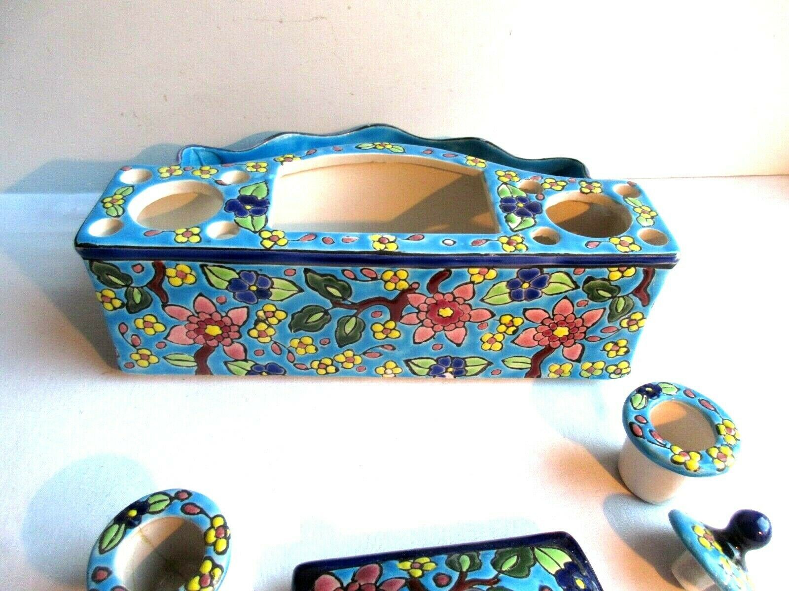 Double ink in enamels like Longwy  blue ceramic: Peonies and Bird