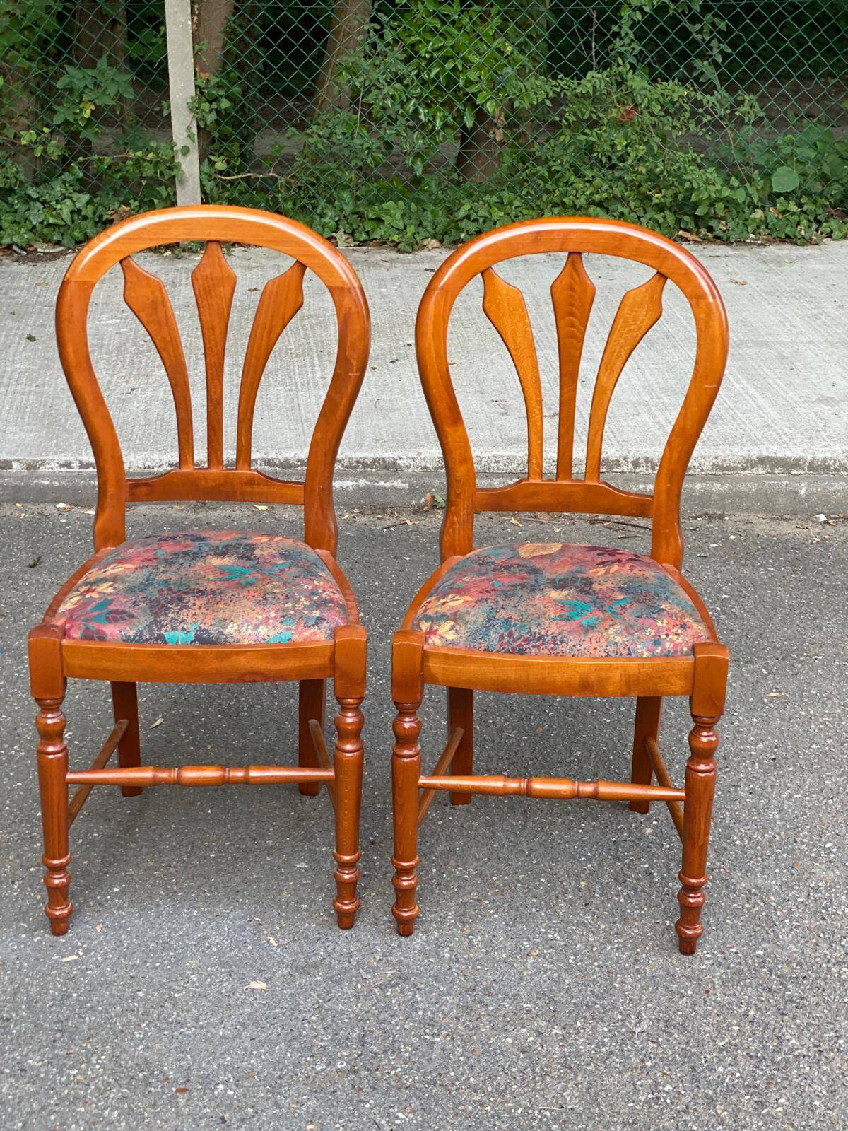 2 chaises bois massif chêne clair tissu fleurs