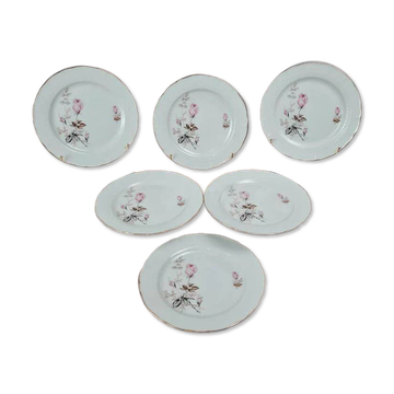 Lot de 6 assiettes en porcelaine Tognana – motif roses anciennes & liseré doré