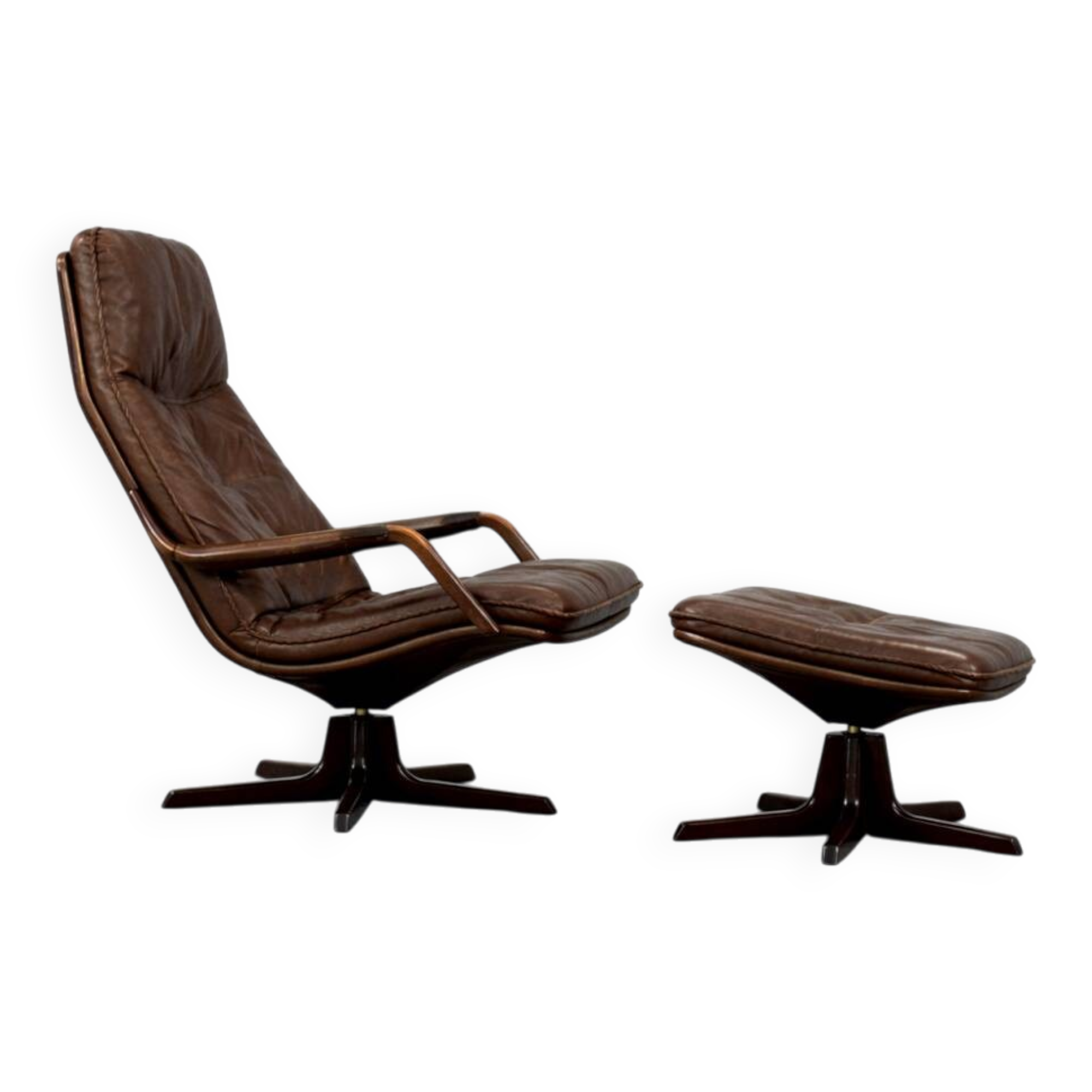 Vintage Mid-Century Danish Modern Leather Adjustable Easy Chair and Ottoman