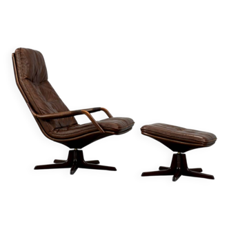 Vintage Mid-Century Danish Modern Leather Adjustable Easy Chair and Ottoman