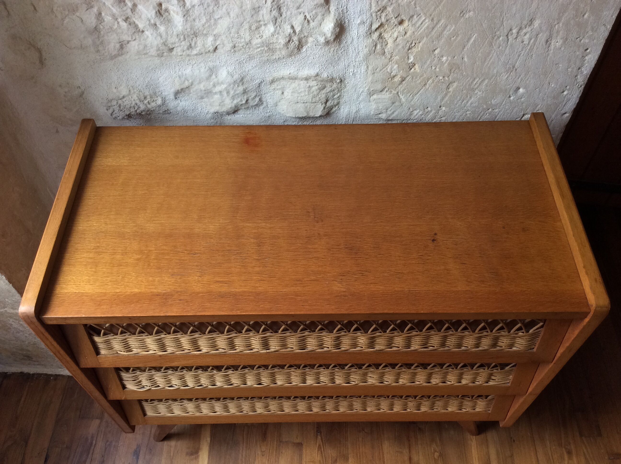 Chest of drawer vintage 50's wood and rattan