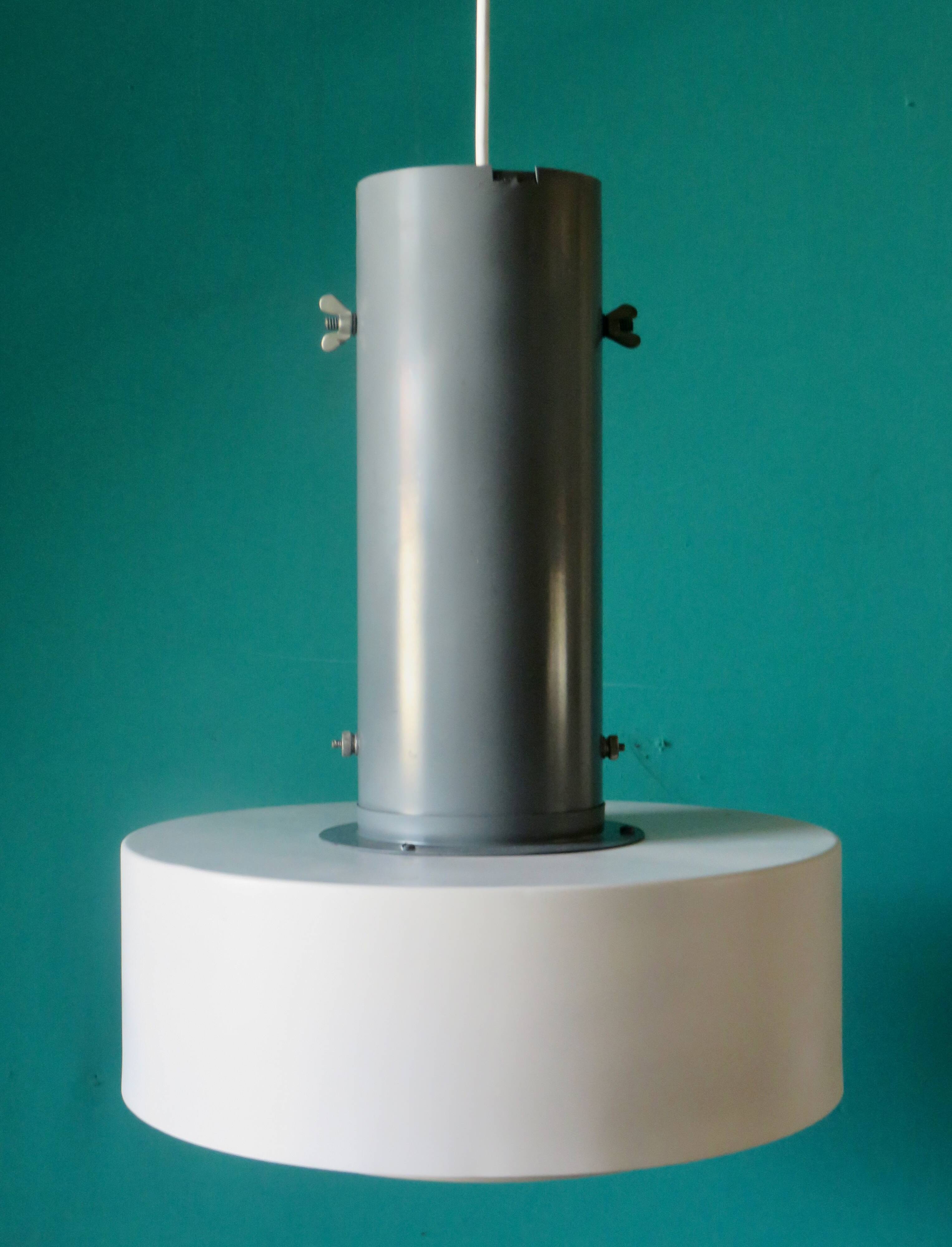 Large industrial pendant light in anthracite and white lacquered metal. Denmark, 1960