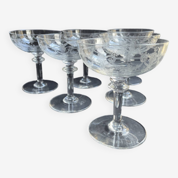6 Guilloché crystal champagne glasses – Art Nouveau