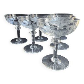 6 Guilloché crystal champagne glasses – Art Nouveau