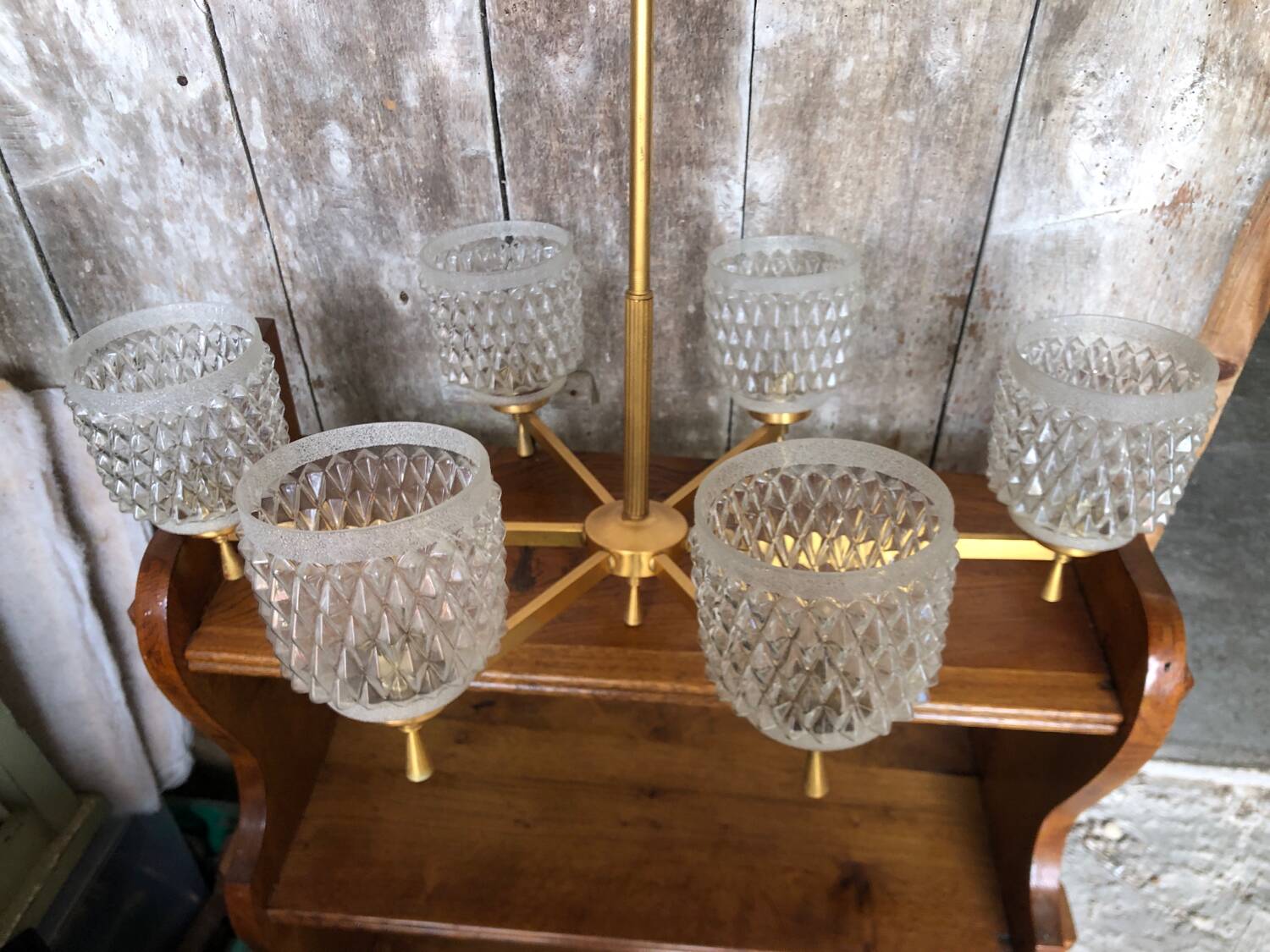 Old Chandelier 6 Lights Golden Metal + Molded Glass Reflector