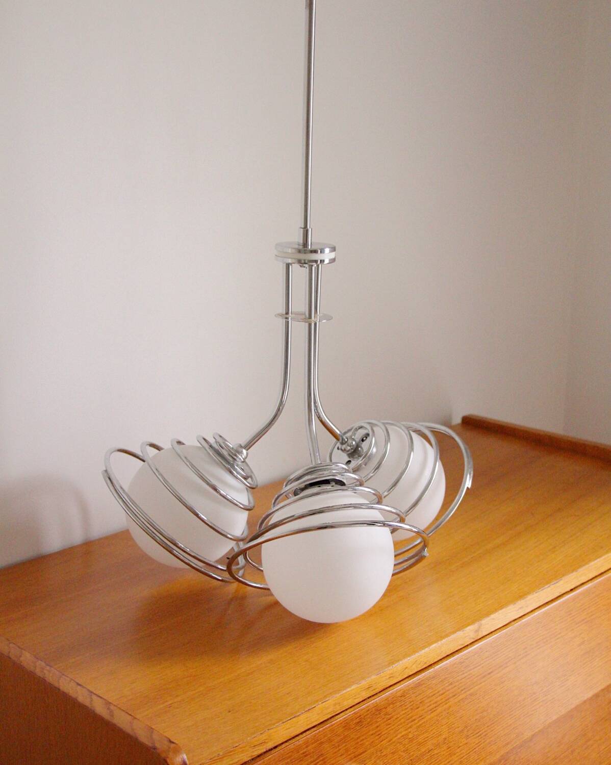 Suspension with 3 opaline and chrome globes, France, 1970.