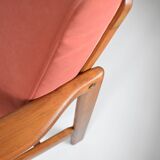 Scandinavian original armchair Baczyk, 1960s, renovation, pink, velvet, teak
