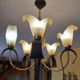 Chandelier 5 arms original 1980 in metal and polished glass