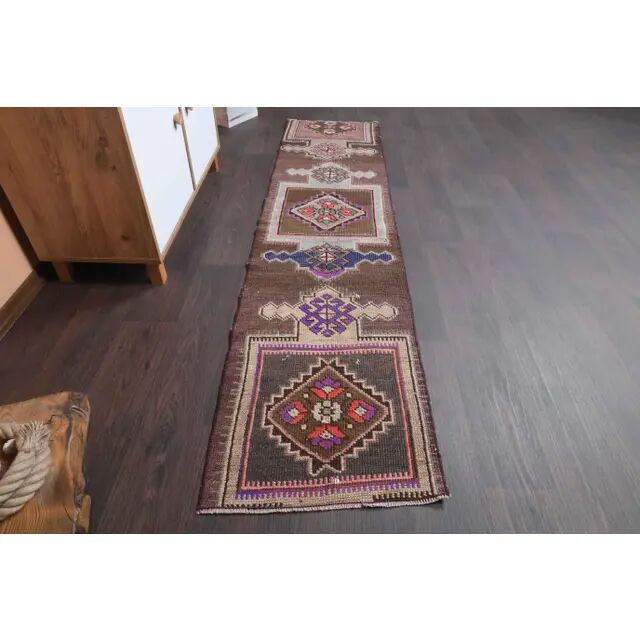 Vintage Turkish Oushak Handmade Wool Cotton Brown Runner Rug 56x235