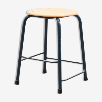 Tabouret bas vintage en bois et métal avec repos-pieds