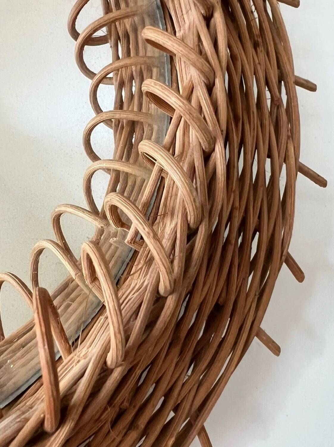 Vintage 1950s round wicker sun mirror