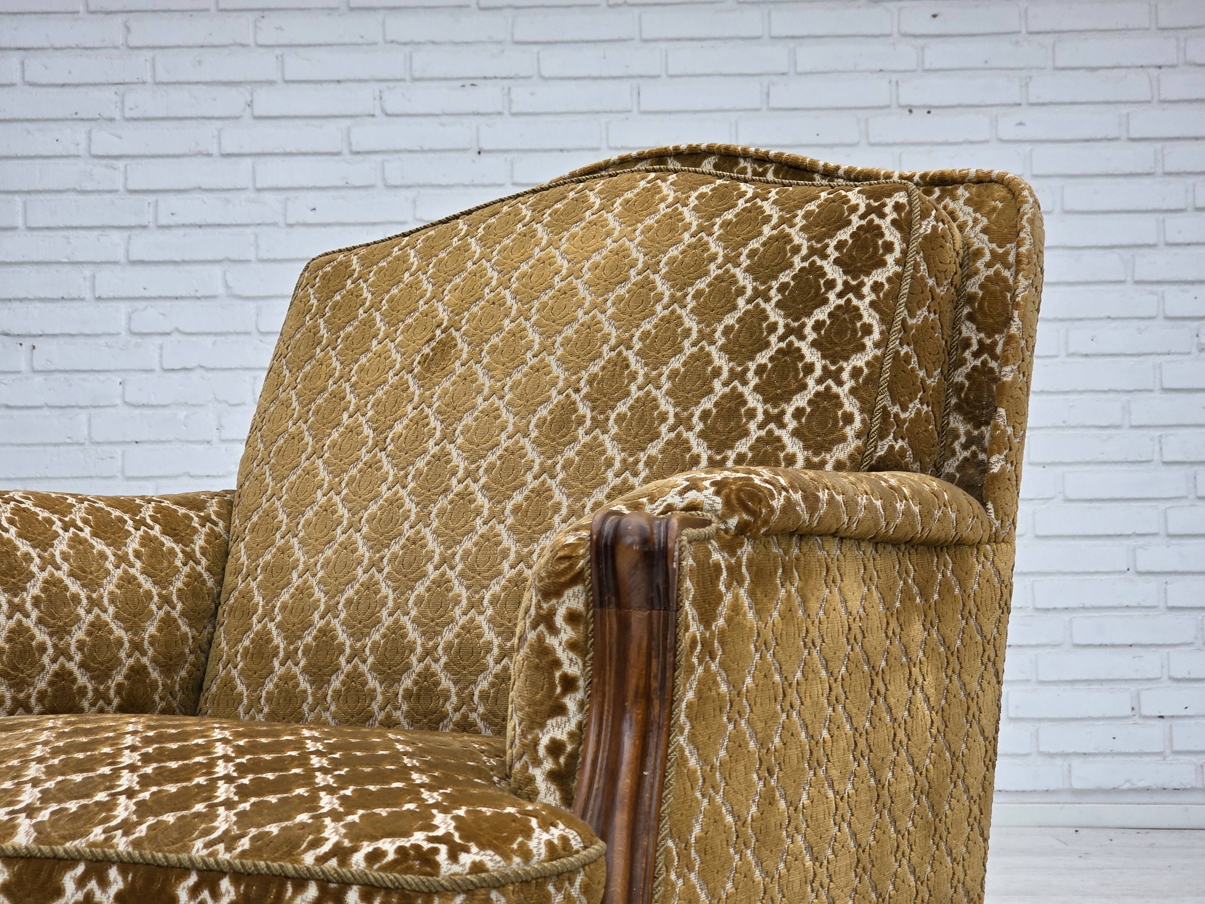 1950s, Danish relax chair, furniture velour, carved ash wood.