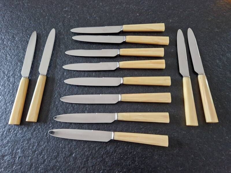 Philos - Set of 12 stainless steel dessert knives with bakelite handles.