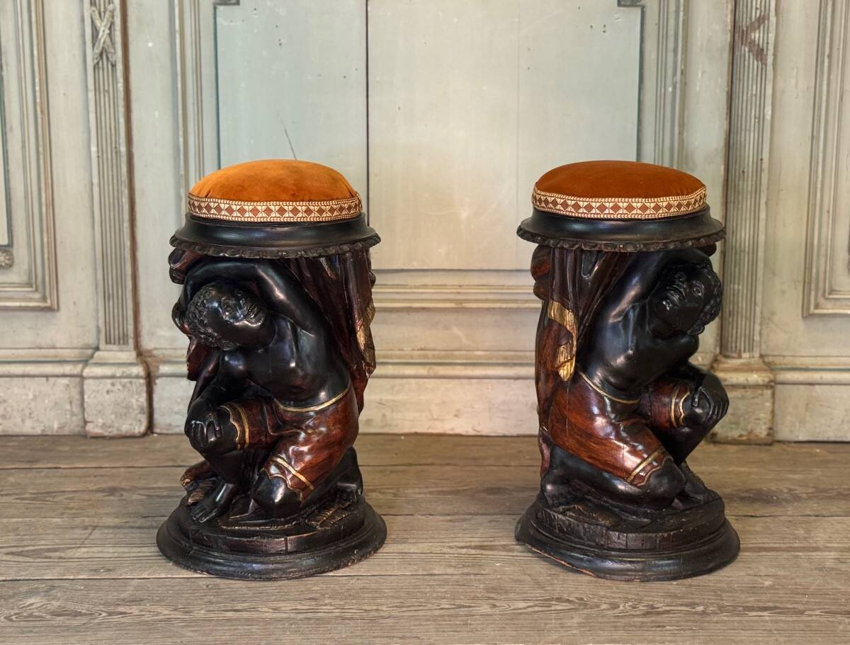 Pair of Nubian stools, polychrome sculptures, Venice circa 1880