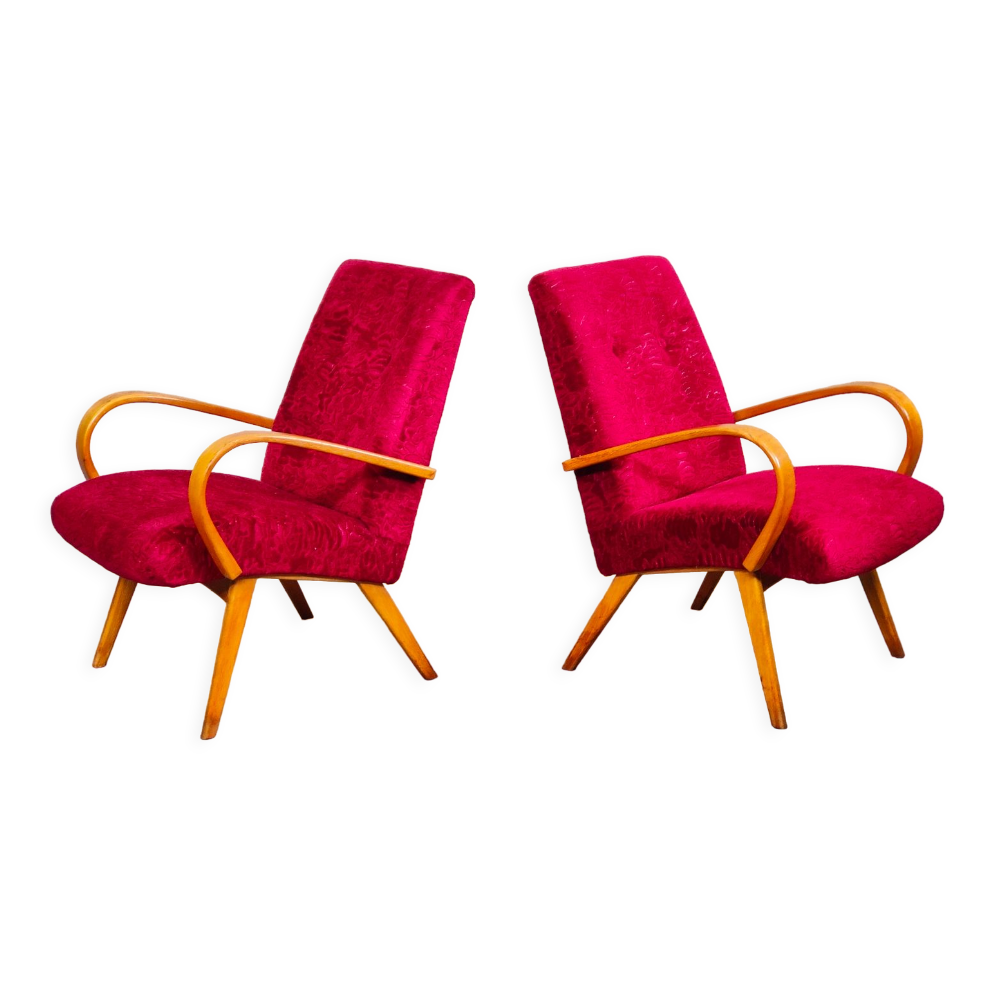 Pair of 6951 red velvet armchairs by Jaroslav Smidek for Ton