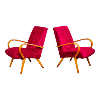 Pair of 6951 red velvet armchairs by Jaroslav Smidek for Ton