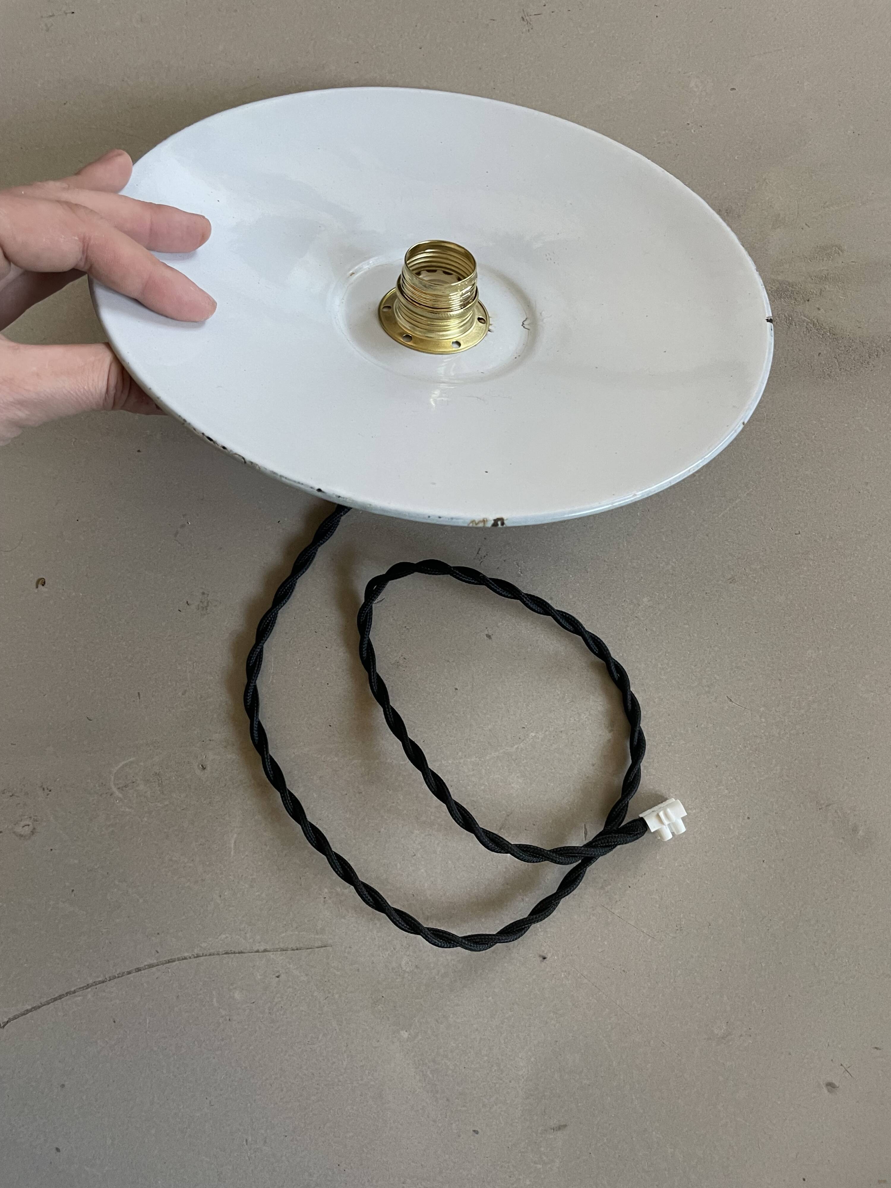 Industrial pendant light, old enameled bowl