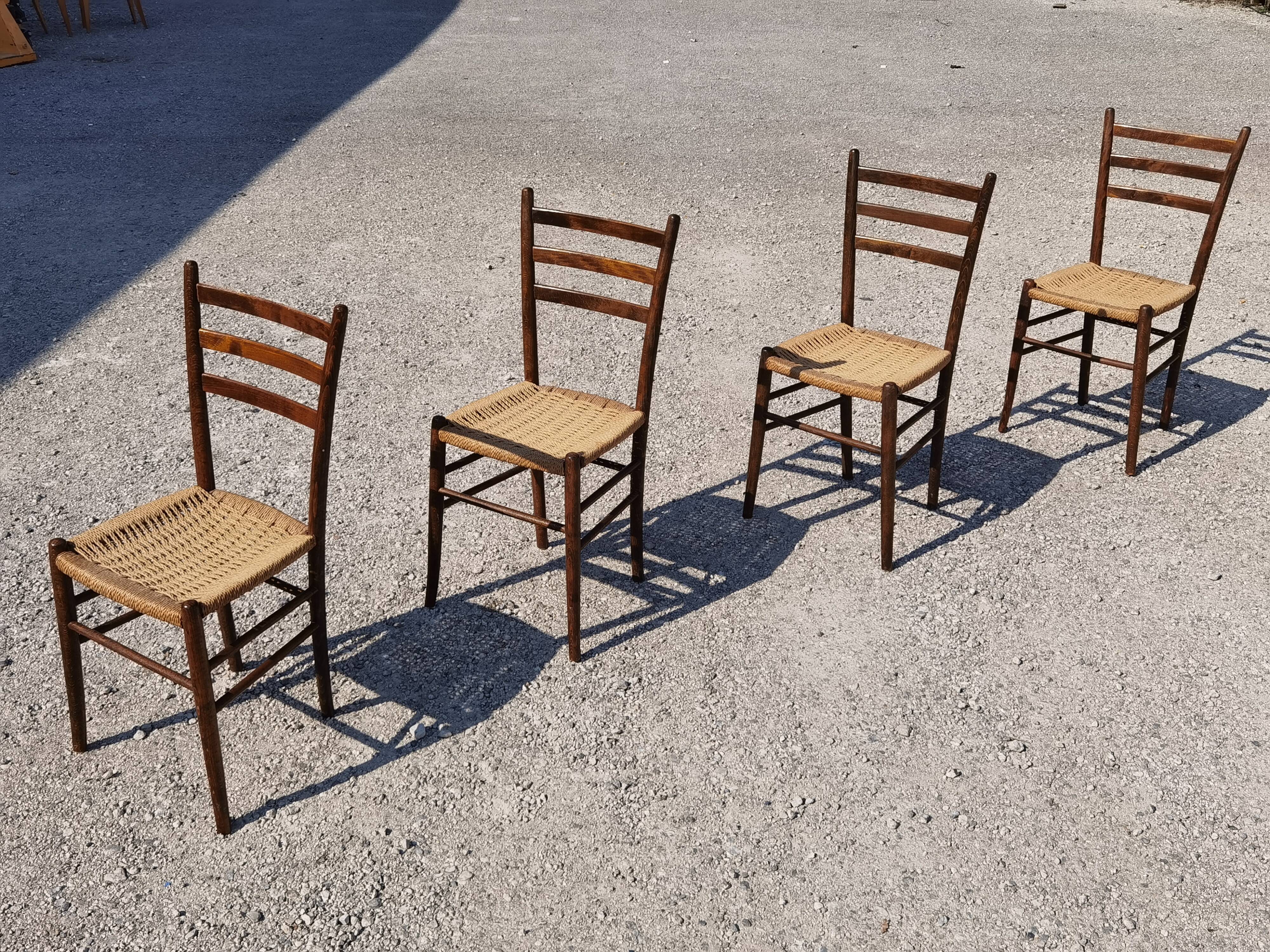 Set of 4 wooden chairs and rope