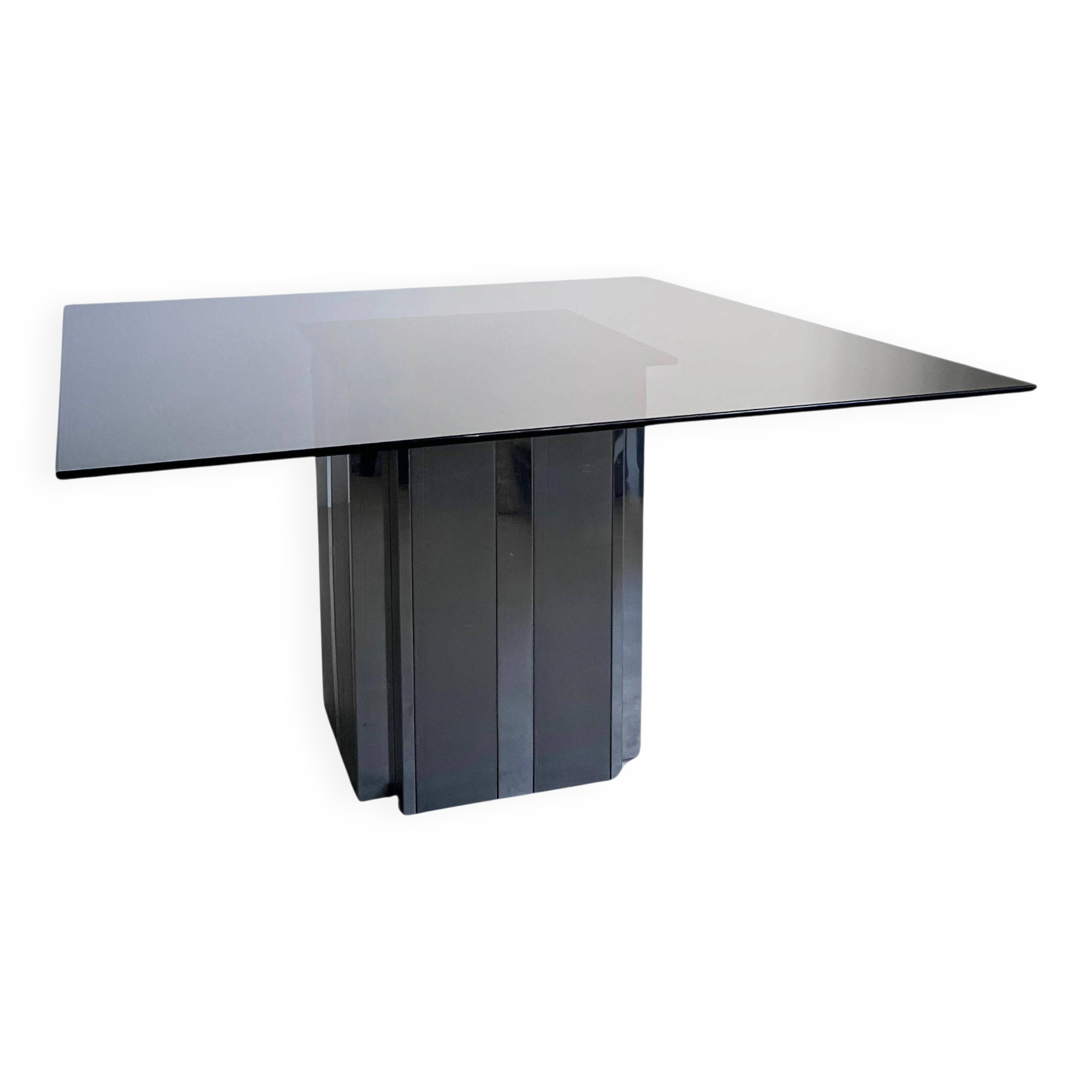 Square Dining Table in Metal and Smoked Glass, 1970's Paul Evans Style