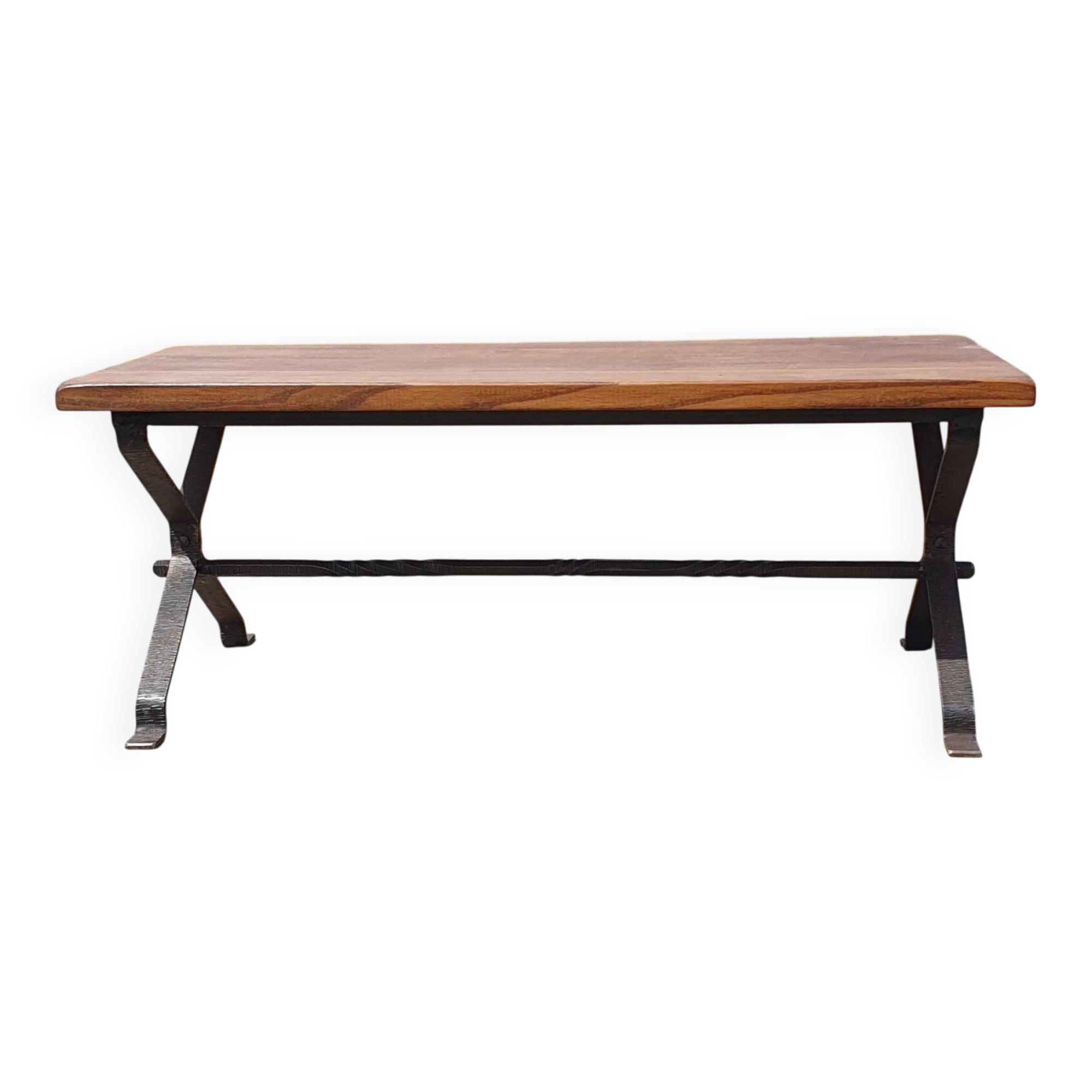 Table basse en chêne et fer forgé des années 1970, 115 cm
