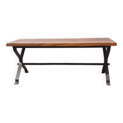 Table basse en chêne et fer forgé des années 1970, 115 cm