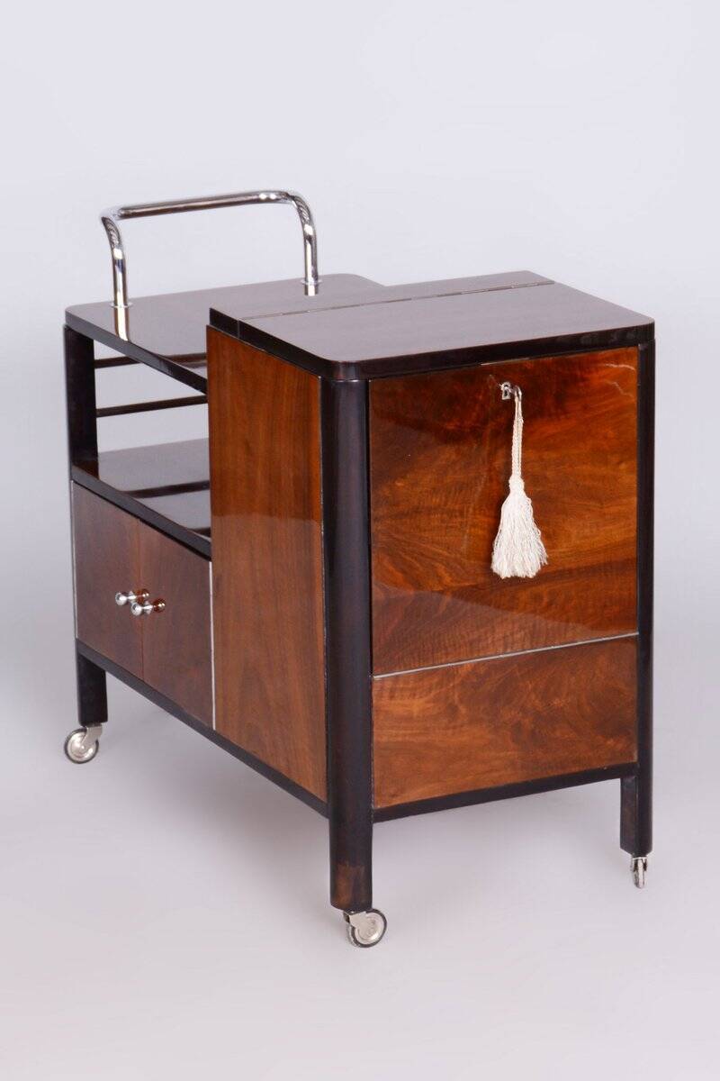 Czech Art Deco Trolley Walnut and Chrome-Plated Steel from Thonet, 1930s