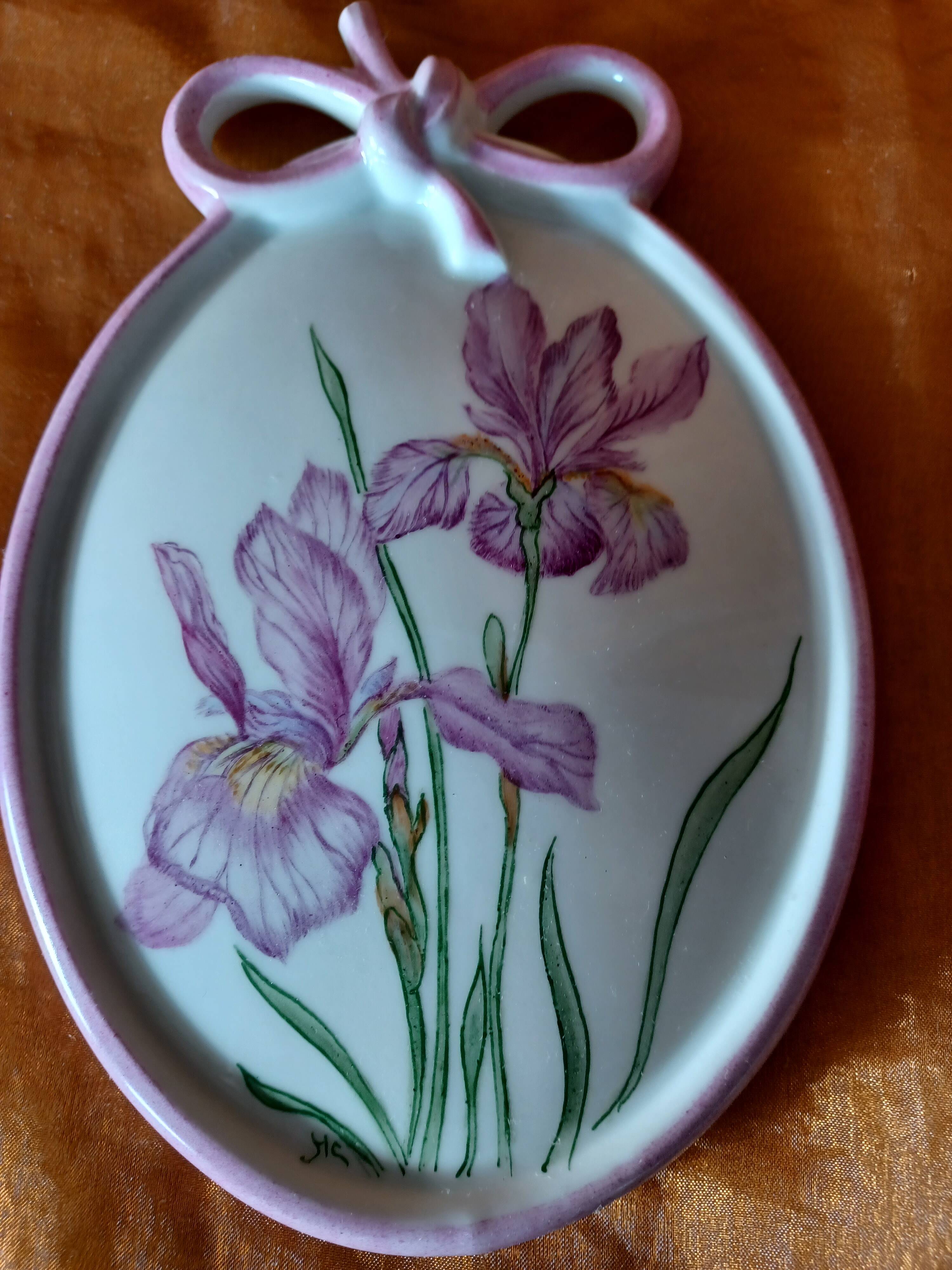 Hand Painted Porcelain Iris Flower Medallion.